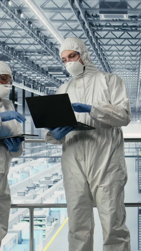Vertical video Engineering team reviewing semiconductors smart factory Stock Footage 333614255