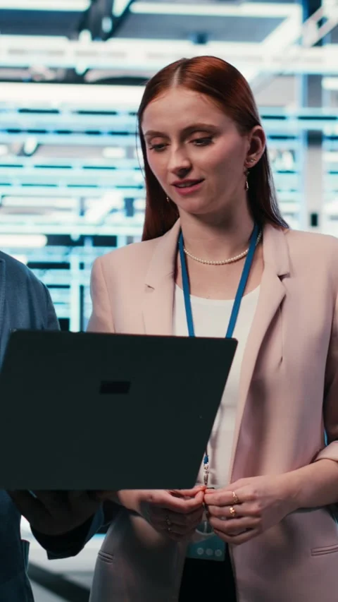 Vertical video Engineering team in server hub working together with laptop to do Stock Footage 330375578
