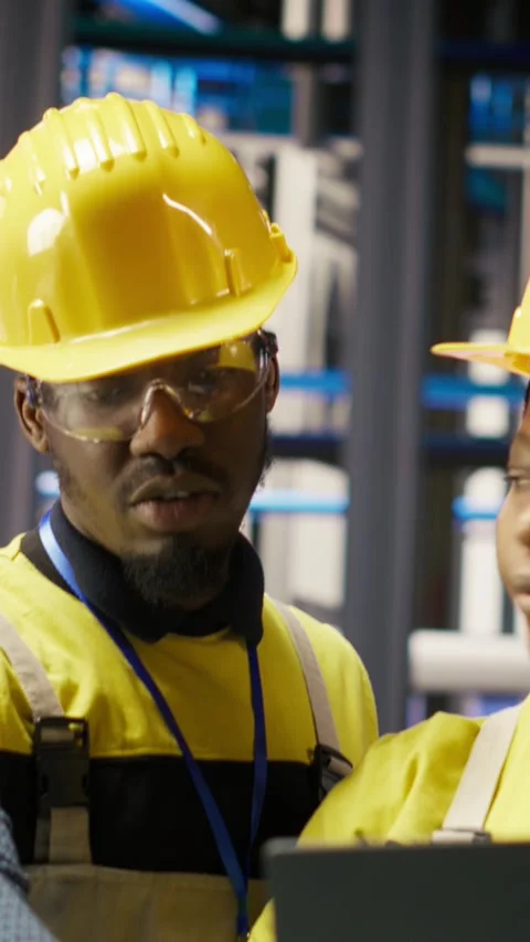 Vertical video Engineering team working together, overseeing solar panel Stock Footage 307145423