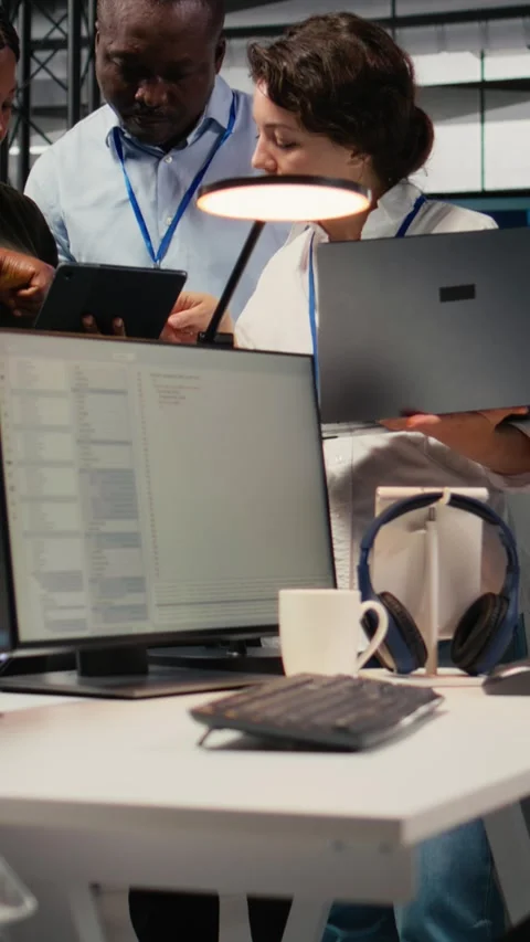 Vertical video Engineering team working in AI startup training predictive models Stock Footage 322696147