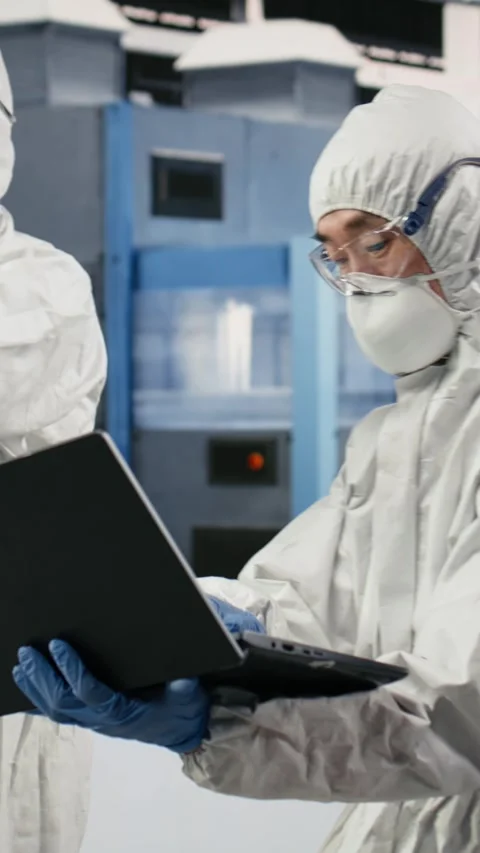 Vertical video Engineering team working together in semiconductor production Stock Footage 333614680