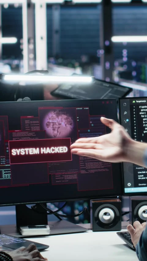 Vertical video Engineers in AI server hub alerted by hacking incident Stock Footage 313455553