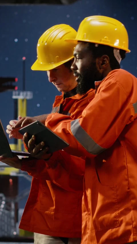 Vertical Video Engineers assess natural gas extraction data on oil drilling 스톡 동영상 321476921