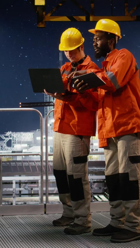 Vertical Video Engineers assess natural gas extraction data on oil drilling 스톡 동영상 321477066