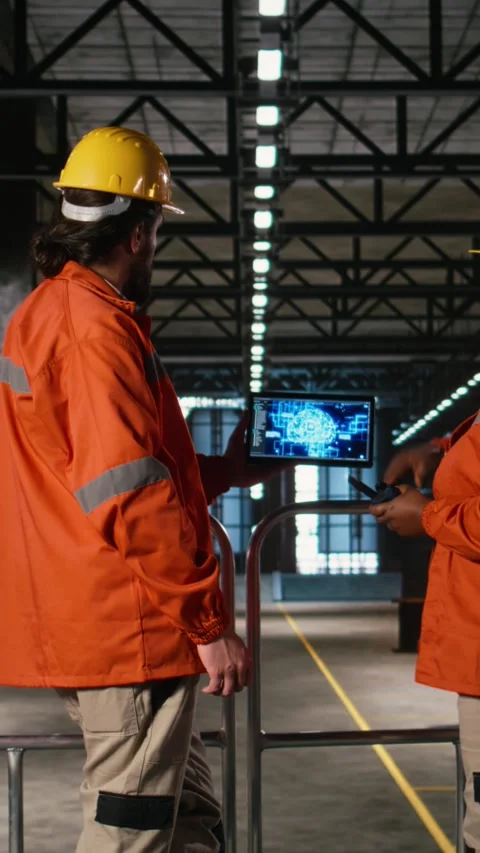 Vertical Video Engineers team analyzes AI brain interface inside heavy industry Stock Footage 330440272