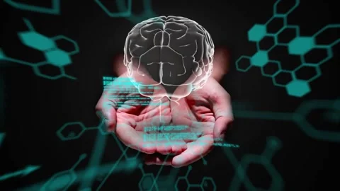 Vertical video: Entering cupped hands holding holographic brain in dark studio, Stock Footage 332428322