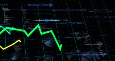 Vertical video: Entering left, green line moving on blue grid with cyan yellow Stock Footage 331169410