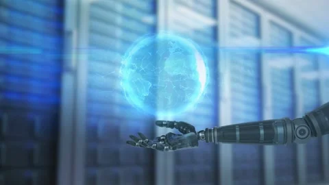 Vertical video: Entering robot arm lifting palm in server room, forming blue Stock Footage 333004413
