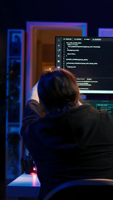 Vertical video Evil software developer building scripts that can hack devices Stock Footage 275621180