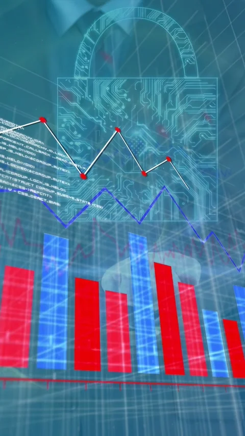 Vertical video: Exec behind grid rotating display animating graphs and padlock Stock Footage 334836868