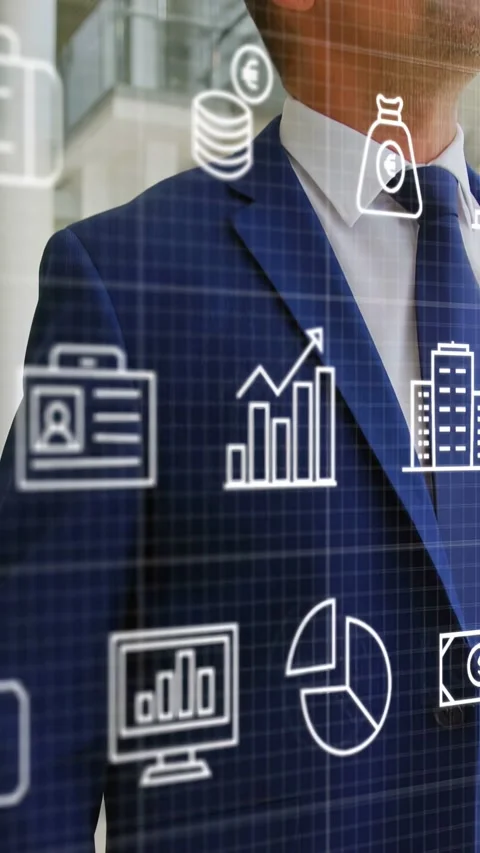 Vertical video: Exec with briefcase as camera rising HUD finance icons framing Video stock 333450905