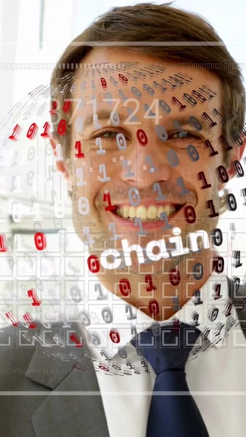 Vertical video: Exec facing cam, rotating sphere sweeping binary over face, Stock Footage 340133318