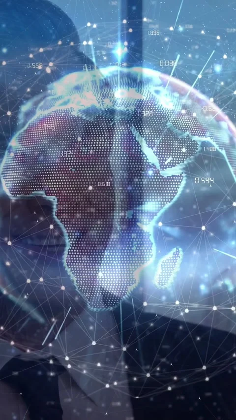 Vertical video: Exec launching AR, staying still with globe over torso rotating, Stock Footage 332546861