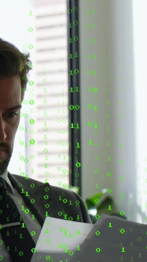 Vertical video: Exec reading docs by window shifting pages sparking green code Stock Footage 334550146
