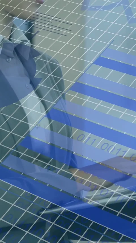 Vertical video: Exec sliding hand over desk making AR pie and bars over face Stock Footage 333839753