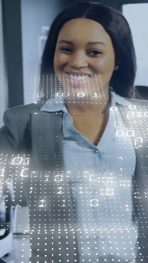 Vertical video: Exec smiling while camera revealing smile, overlay across frame Stock Footage 329840811