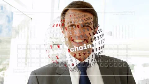 Vertical video: Exec in suit smiling in office, data sphere appearing over face Stock Footage 332772184