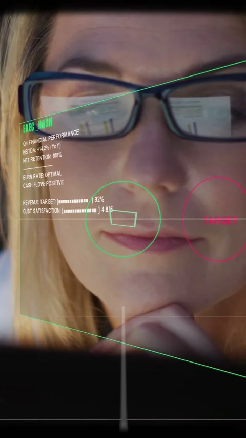 Vertical video: Exec woman resting chin watching monitor sending HUD over face, Stock Footage 333259949