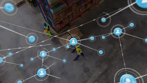 Vertical video: Expanding node, 3 team checking pallet at racks, vests, hard Stock-Footage 330393720