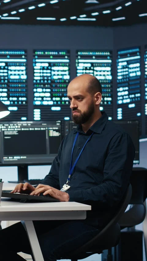 Vertical video Experienced person typing code on computer monitors in data Stock Footage 274680232