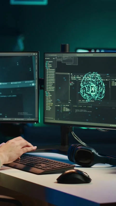 Vertical video Expert inserts disk into PC containing software evolving AI into Stock Footage 266750922