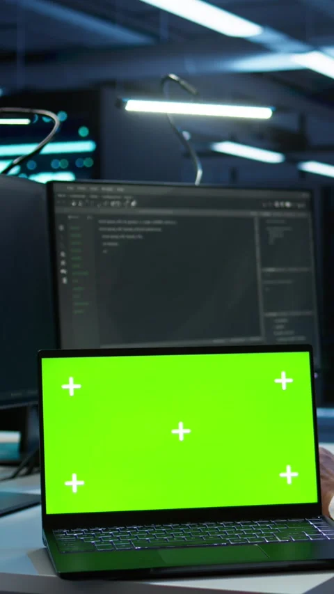 Vertical video Expert in server room coding on chroma key notebook Stock Footage 280609706