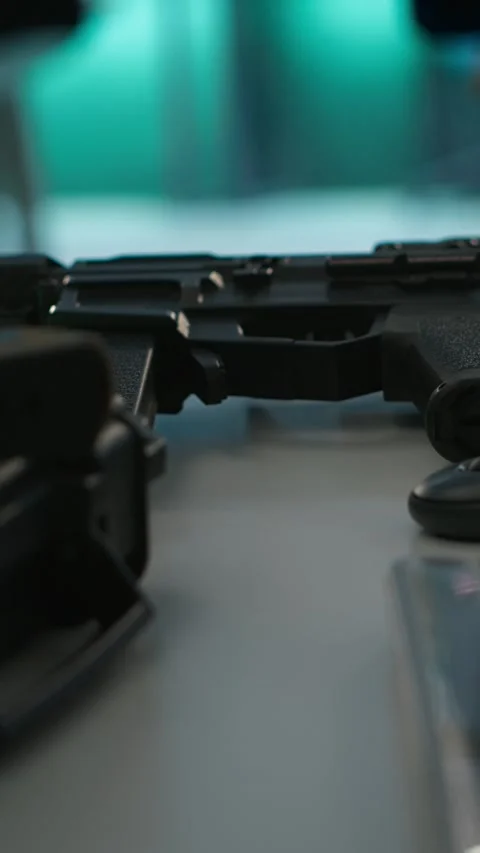 Vertical video Extreme close up of weapons in empty army command center Stock Footage 281974772