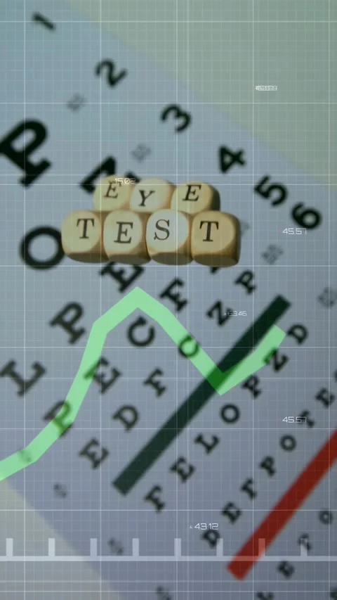 Vertical video: Eye chart letter cubes sliding down as green graph animating Stock Footage 334540394