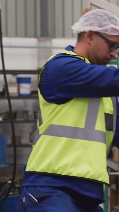Vertical video: Factory worker entering, operating chain to secure part, AR HUD Stock Footage 334319051