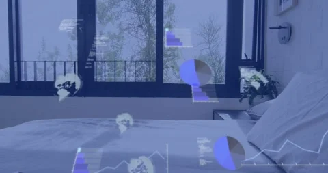 Vertical video: Fading digital HUD elements drifting across bedroom window, Stock Footage 331461024