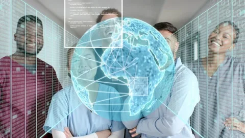 Vertical video: Fading holo globe showing data and stethoscope over 5 staff in Stock Footage 333192768