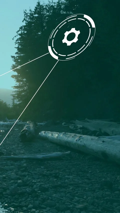 Vertical video: Faint circle appearing, morphing into gear HUD over shore, tech Stock Footage 332845983