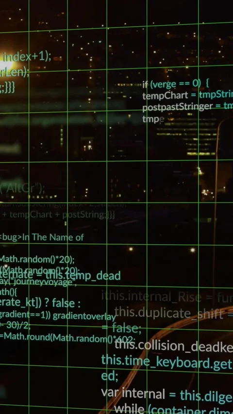 Vertical video: Faint cyan code appearing, grid overlay growing while code Stock Footage 329913424