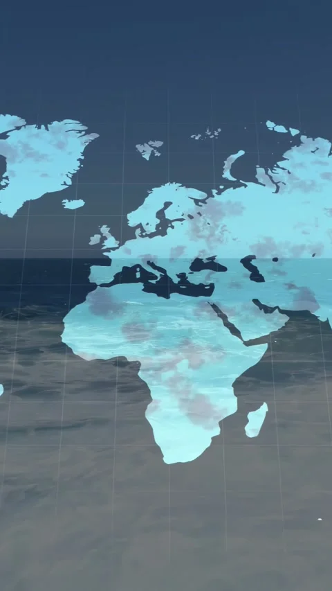 Vertical video: Faint map outline appearing, map turning cyan with grid, waves Stock Footage 334396683