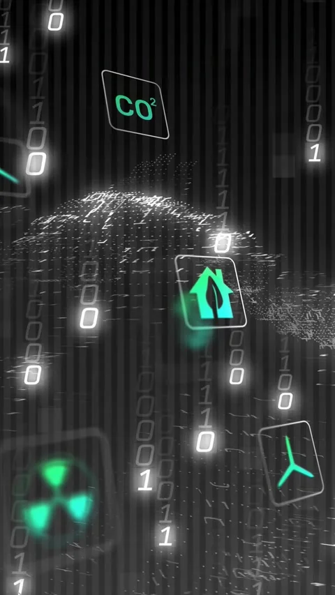 Vertical video: Falling binary causing green icons and dots forming, showing Stock Footage 332806400