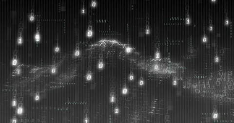 Vertical video: Falling binary glyphs forming wavy point cloud terrain, Stock Footage 331165593
