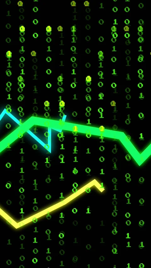 Vertical video: Falling binary initiating three neon lines rising, crossing, and Stock Footage 329552452