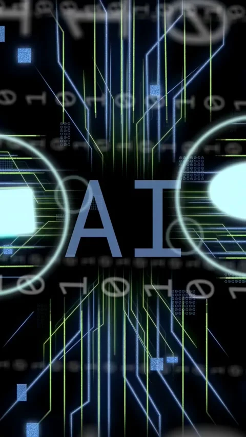 Vertical video: Falling binary initiating motion, AI pulsing, icons sliding, Stock Footage 335802730