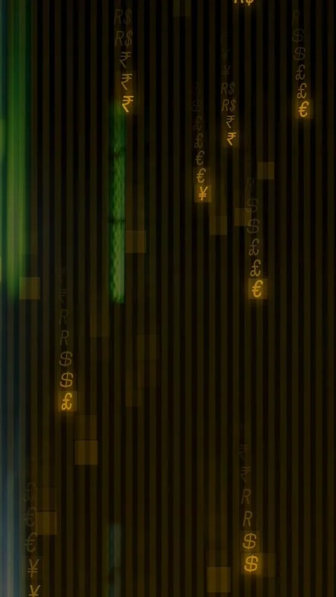 Vertical video: Falling currency columns streaming from top, pulsing beside Stock Footage 332546812