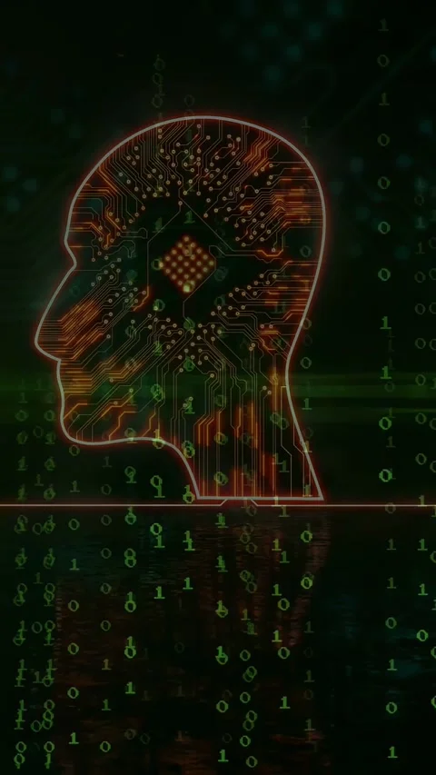 Vertical video: Falling green digits causing neon head pulsing, scan band Stock Footage 340133225
