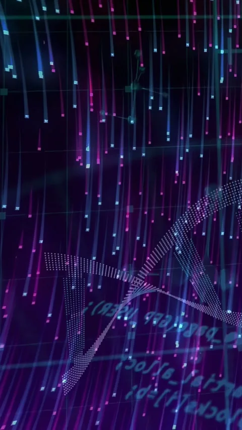 Vertical video: Falling neon streaks sparking dotted helix rotating and Stock Footage 332669541