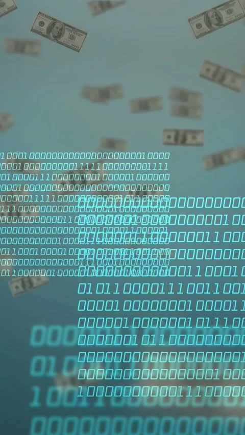 Vertical video: Falling USD bills causing cyan binary grid rising over center, Stock Footage 335678134
