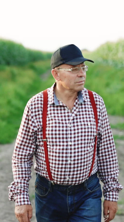 Vertical Video of Farmer walking along a dirt road between agricultural fields Stock Footage 304041584