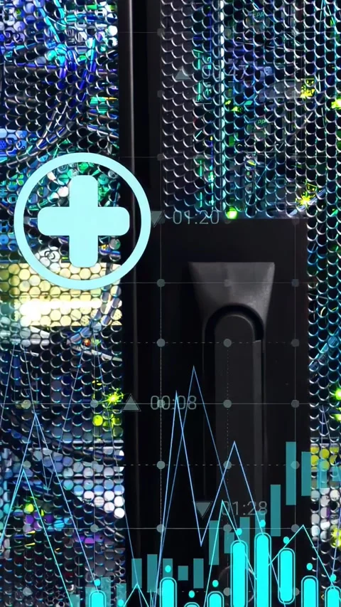 Vertical video: Feed driving HUD on data rack, animating charts and icons to Stock Footage 332747934