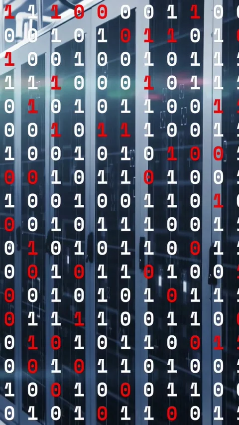 Vertical video: On feed start, binary digits flowing down, shifting red, Stock Footage 331237915