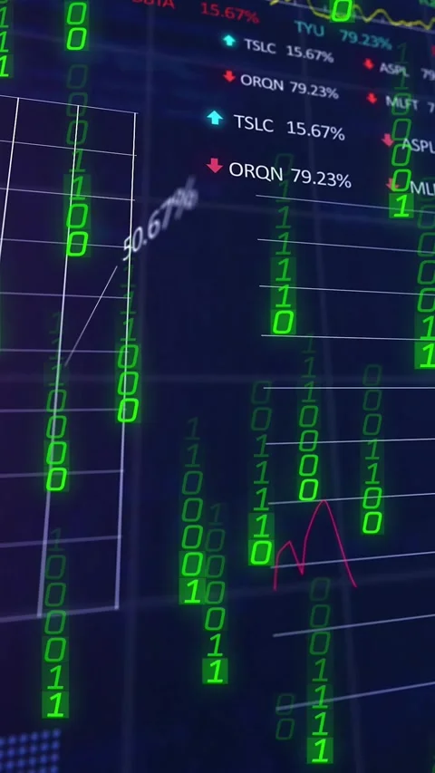 Vertical video: Feed starting trade UI showing neon bits spinning 3Dbox updating Stock Footage 330332768