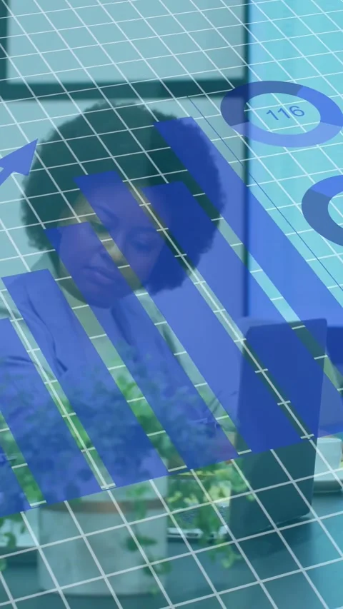 Vertical video: Female analyst tapping and causing grid while charts morph and Vídeos de archivo 334770446