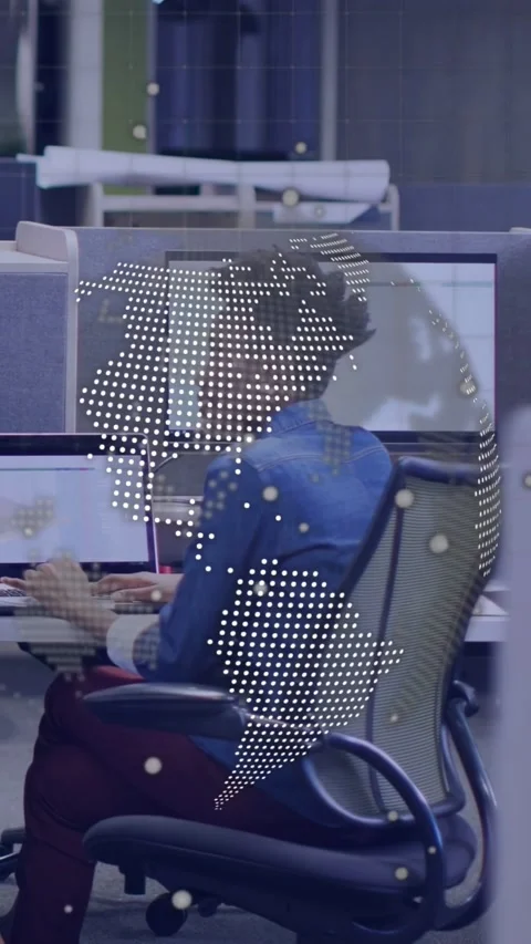 Vertical video: Female coder typing on laptop, activating dotted globe overlay Stock Footage 333157504