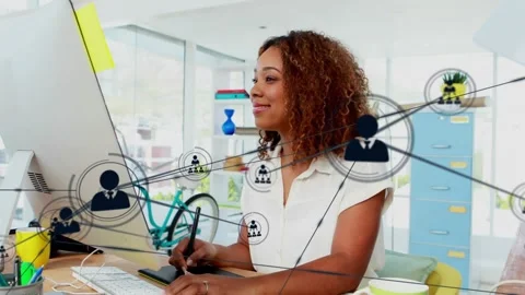 Vertical video: Female designer using stylus, node overlay growing across screen Stock Footage 331160870