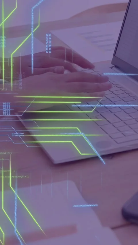 Vertical video: Female dev typing code for app causing circuit lines and data Video stock 335507634